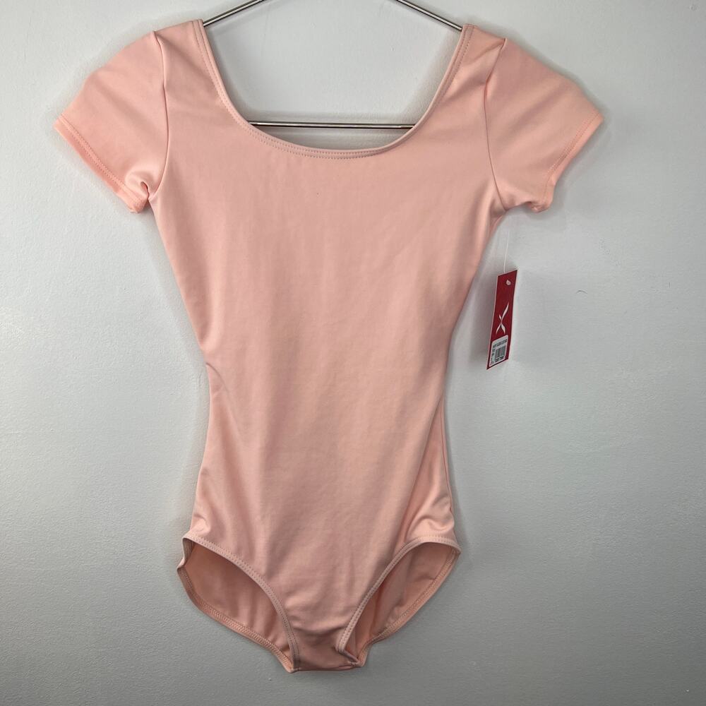 NWT Capezio Short Sleeve Leotard Ballet Pink Scoop Front & Back TB133 Girls S